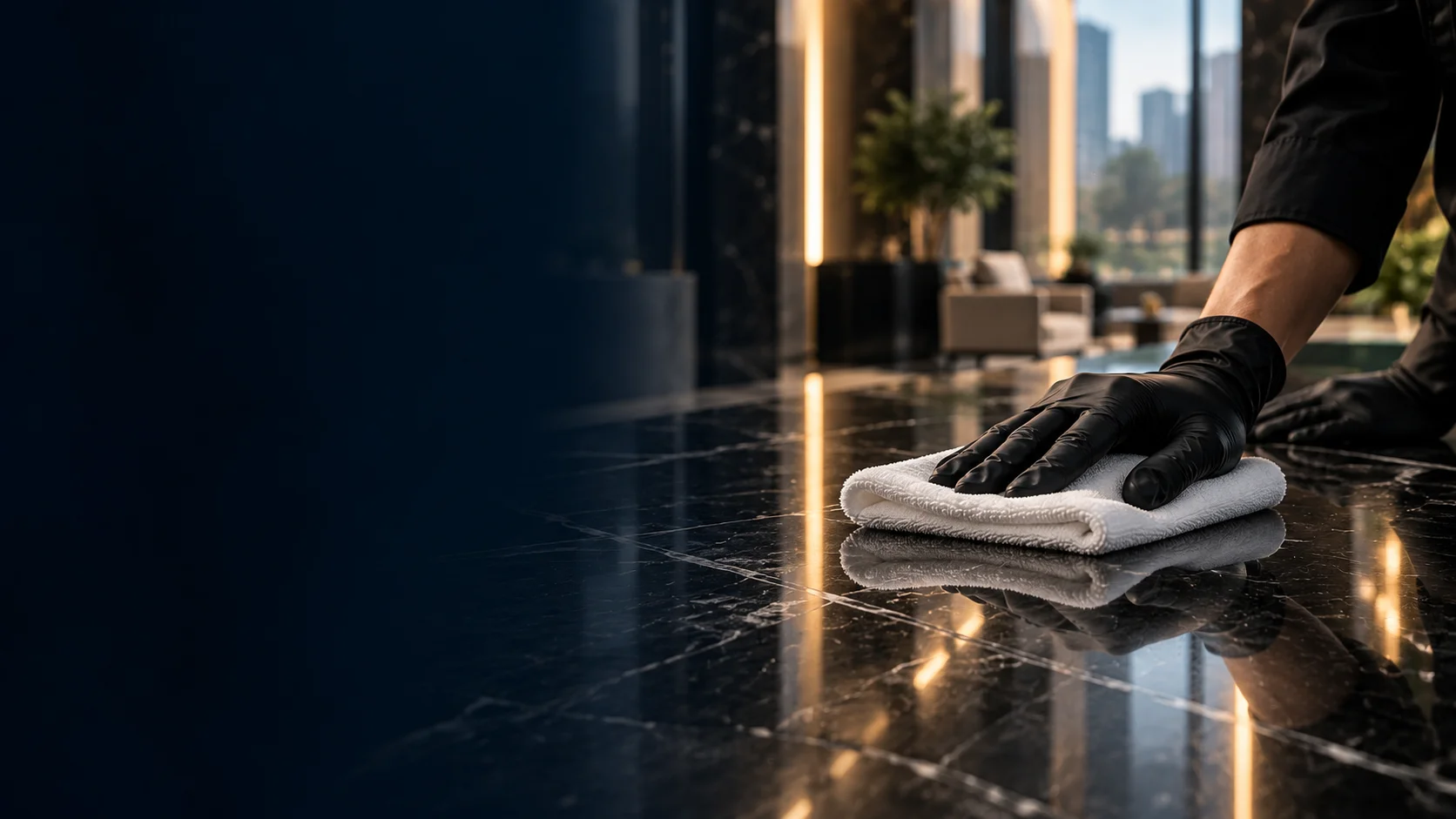 A professional cleaner wiping a polished commercial surface