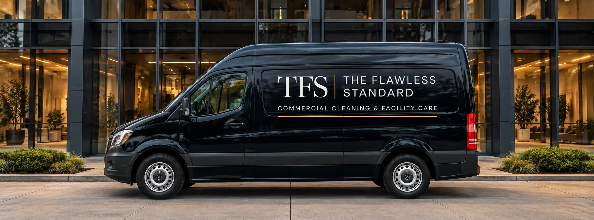 The Flawless Standard commercial cleaning van outside a modern facility
