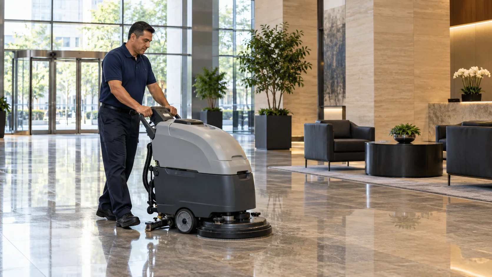 Janitorial professional cleaning the floor of a modern commercial lobby