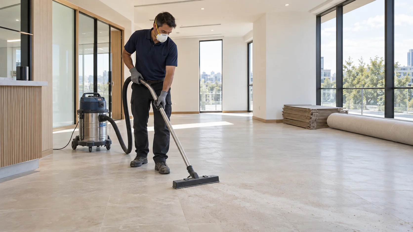 Cleaner removing construction dust from the floor of a newly finished space