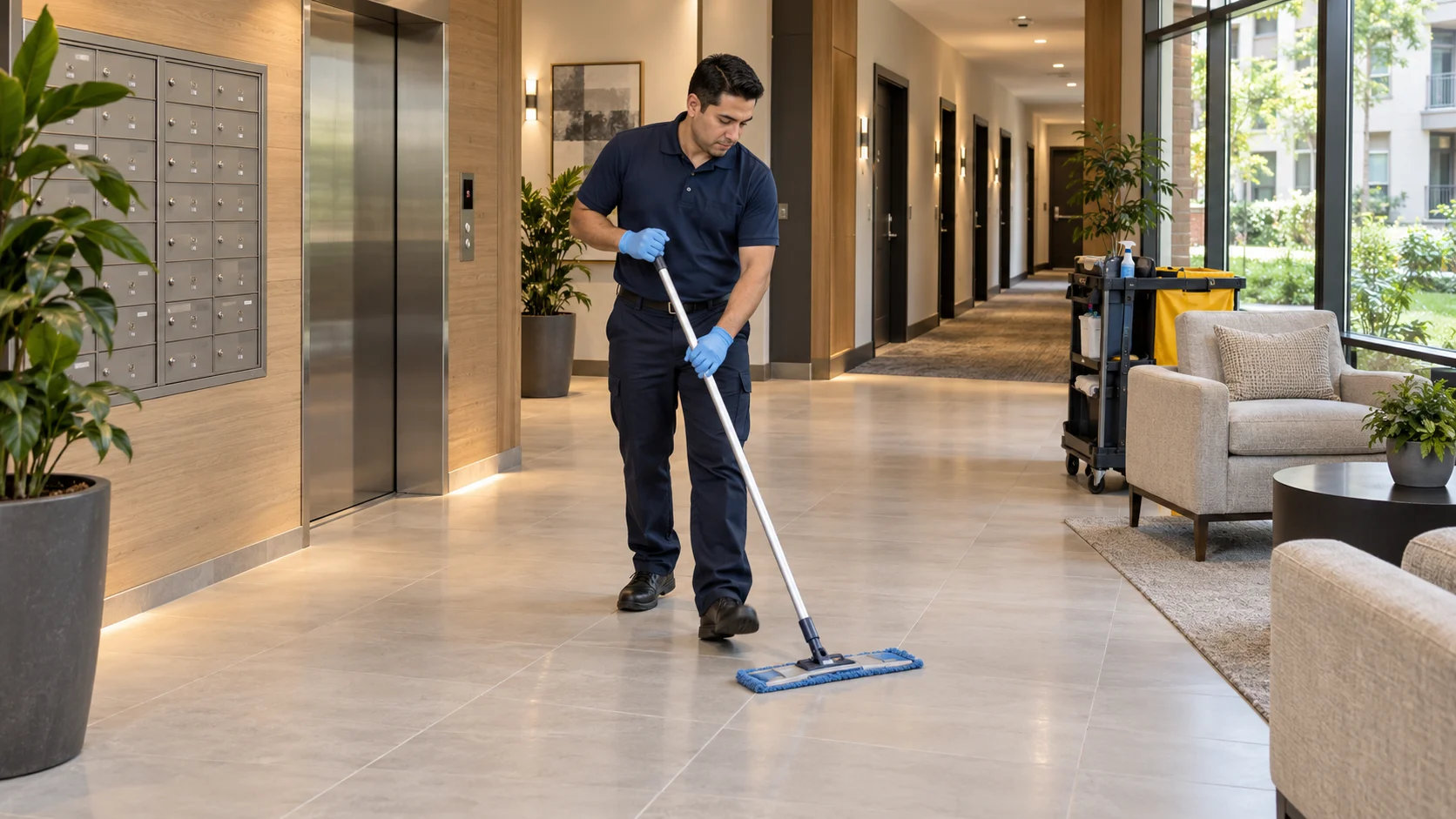 Cleaner maintaining the lobby of a multifamily apartment building