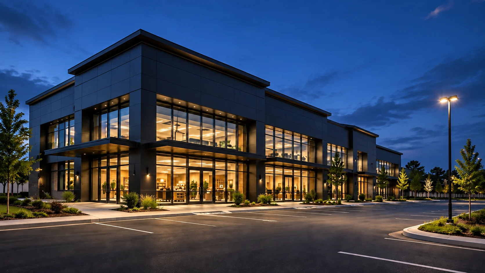 Illuminated modern retail center exterior at dusk