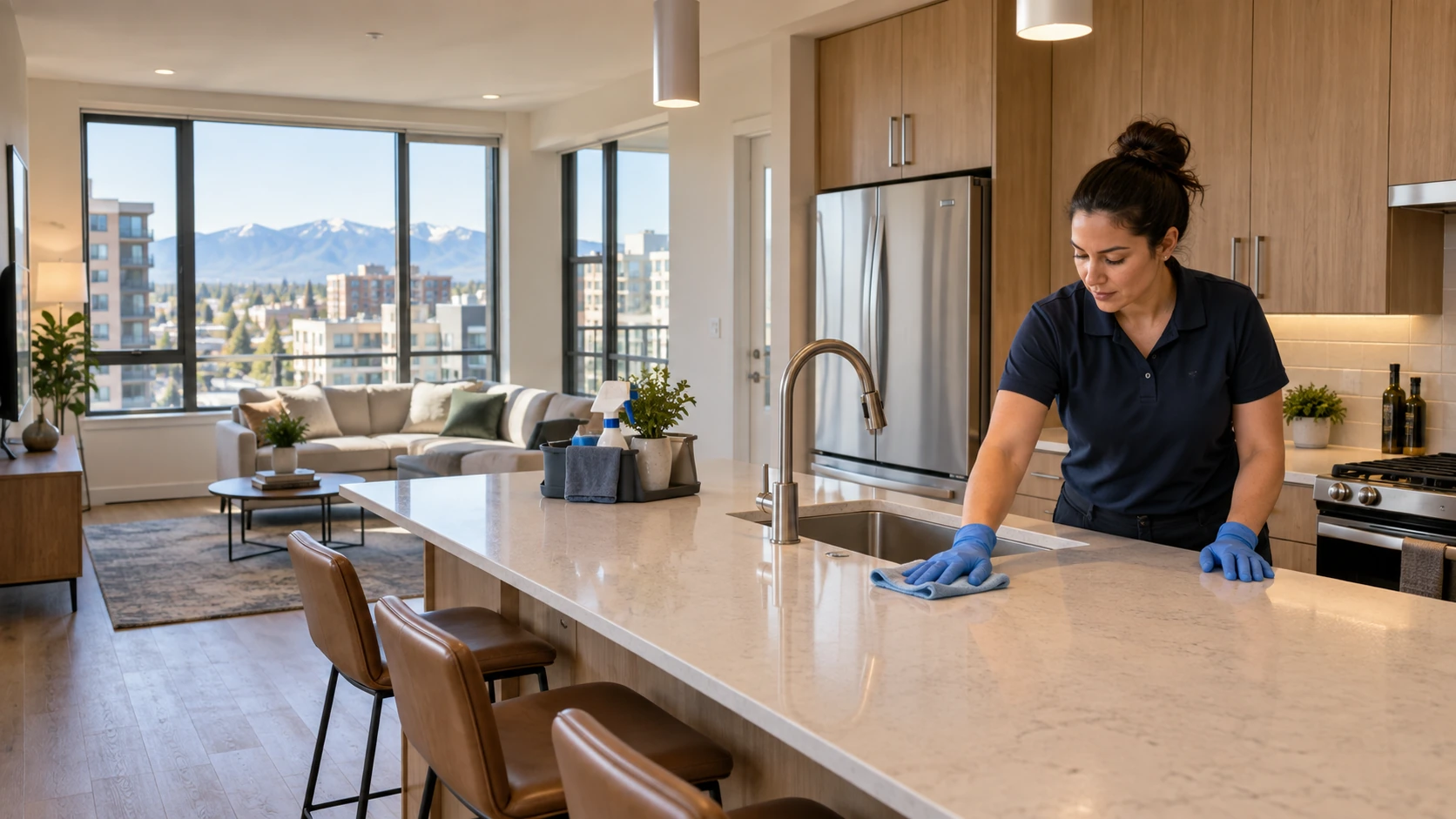 Professional cleaner wiping the kitchen island in a modern apartment unit