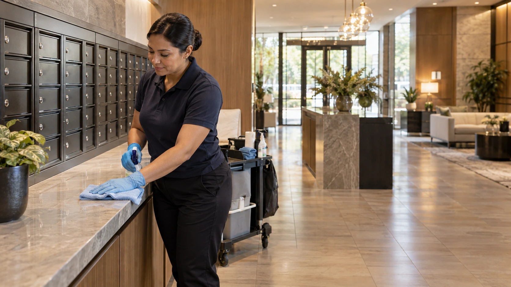 Cleaner wiping the mailroom counter in a multifamily apartment building