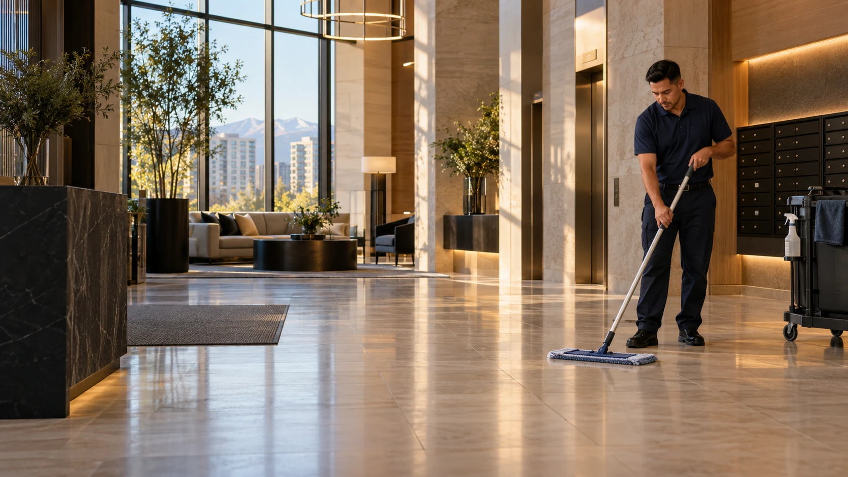 Professional cleaner mopping the lobby floor of a modern apartment building