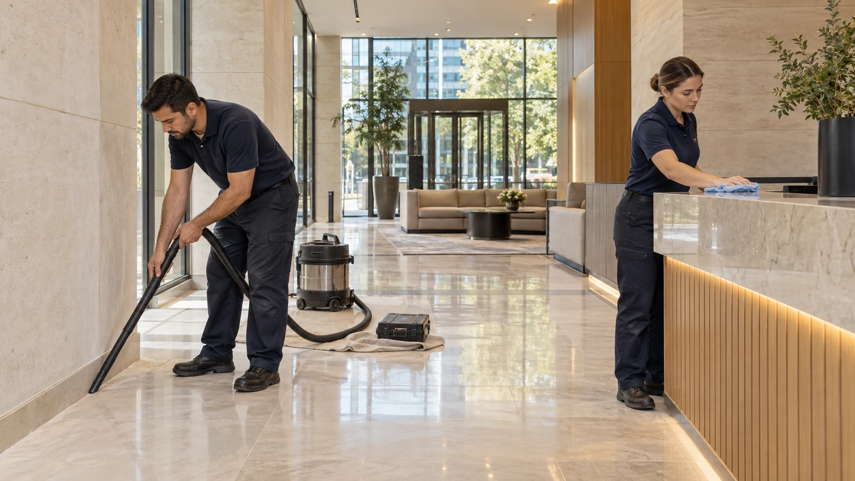 Two cleaning professionals detailing floors and counters in a newly completed lobby