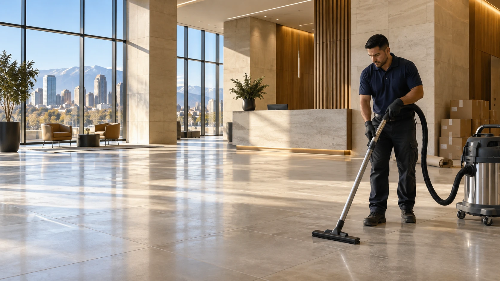 Cleaner vacuuming fine dust from the floor of a newly completed commercial lobby